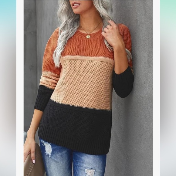 Colorblock Crewneck Sweater - Orange, Pink, and Black Striped Soft Comfy Casual - Picture 1 of 7